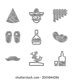 Set Tequila bottle, Cactus, and glass, Beans, Mustache, Flip flops, Pan flute and Nachos icon. Vector