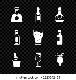 Set Tequila bottle, Champagne, Bottle of cognac or brandy, in ice bucket, Glass champagne, Cocktail, Beer and beer icon. Vector