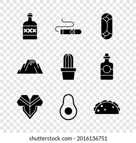 Set Tequila bottle, Cigar, Burrito, Poncho, Avocado fruit, Taco with tortilla, Volcano eruption lava and Cactus succulent in pot icon. Vector