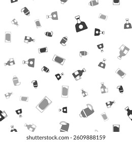 Set Tequila bottle, Cocktail shaker with lime, Bottle of vodka glass and Shot on seamless pattern. Vector