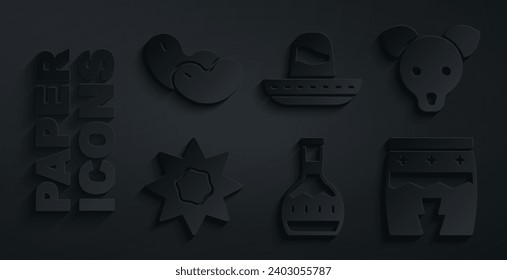 Set Tequila bottle, Dog, Sun, Huehuetl, Mexican sombrero and Beans icon. Vector