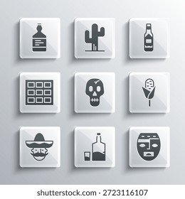 Set Tequila bottle and glass, Aztec mask, Corn, Skull, Mexican man sombrero, Chocolate bar,  and Tabasco sauce icon. Vector