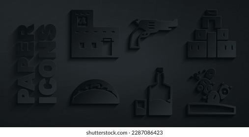 Ponga botella y vidrio Tequila, Chichen Itza en maya, Taco con tortilla, Cactus, pistola Revolver e ícono de casa mexicana. Vector