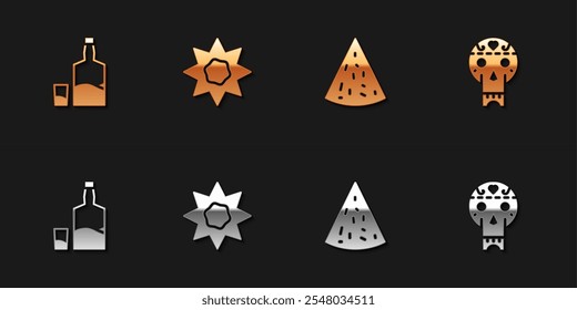 Set Tequila bottle and glass, Sun, Nachos and Mexican skull icon. Vector