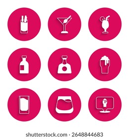 Set Tequila bottle, Glass of whiskey, Alcohol or beer bar location, Shot glass, vodka, Cocktail and Bloody Mary icon. Vector