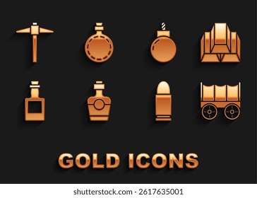 Set Tequila bottle, Gold bars, Wild west covered wagon, Bullet, Bomb ready to explode, Pickaxe and Canteen water icon. Vector