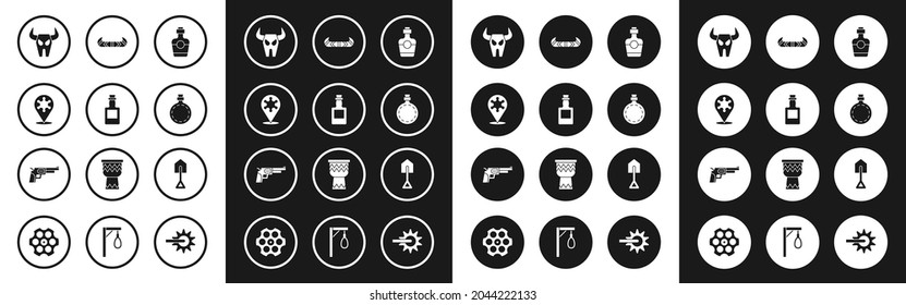 Set Tequila bottle, Hexagram sheriff, Buffalo skull, Canteen water, Kayak or canoe and paddle, Shovel and Revolver gun icon. Vector