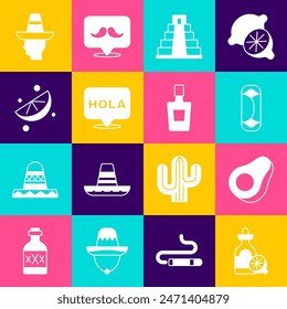 Set Tequila bottle with lemon, Avocado fruit, Burrito, Chichen Itza in Mayan, Hola, Sliced lime, Mexican man sombrero and  icon. Vector