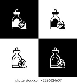Set Tequila bottle with lemon icon isolated on black and white background. Mexican alcohol drink.  Vector