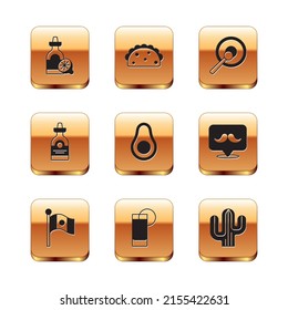 Set Tequila bottle with lemon, Mexico flag, glass, Avocado fruit, Gong, Cactus and Taco tortilla icon. Vector