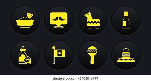 Set Tequila bottle with lemon, Tabasco sauce, Mexico flag, Maracas, Pinata, Mustache, Mexican sombrero and Nachos bowl icon. Vector