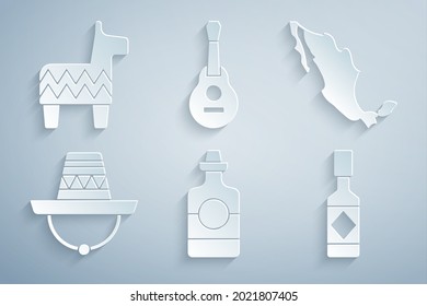 Set Tequila bottle, Map of mexican, Mexican sombrero, Tabasco sauce, guitar and Pinata icon. Vector
