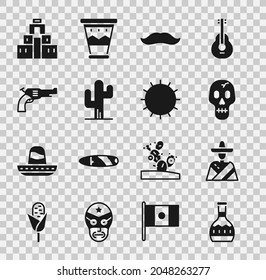 Set Tequila bottle, Mexican man sombrero, Skull, Mustache, Cactus, Revolver gun, Chichen Itza in Mayan and Sun icon. Vector