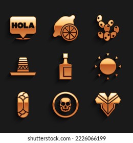 Set Tequila bottle, Mexican skull coin, Poncho, Sun, Burrito, sombrero, Cactus and Hola icon. Vector