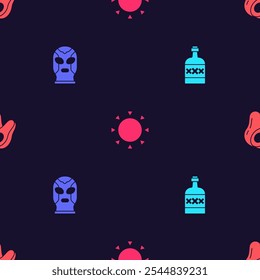 Set Tequila bottle, Mexican wrestler, Sun and Avocado fruit on seamless pattern. Vector