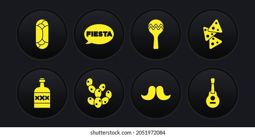 Set Tequila bottle, Nachos, Cactus, Mustache, Maracas, Fiesta, Mexican guitar and Burrito icon. Vector
