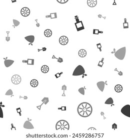 Set Tequila bottle, Old wooden wheel, Cowboy bandana and Shovel on seamless pattern. Vector