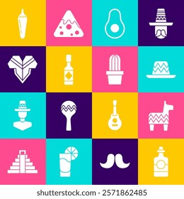 Set Tequila bottle, Pinata, Mexican sombrero, Avocado fruit, Tabasco sauce, Poncho, Hot chili pepper pod and Cactus or succulent pot icon. Vector