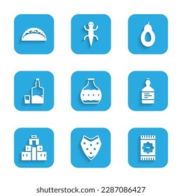 Set Tequila bottle, Poncho, Mexican carpet, Chichen Itza in Mayan, and glass, Avocado and Taco with tortilla icon. Vector