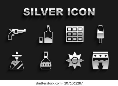 Set Tequila bottle, Popsicle ice cream, Huehuetl, Sun, Mexican man sombrero, Chocolate bar, Revolver gun and and glass icon. Vector