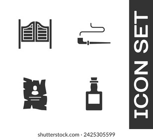 Set Tequila bottle, Saloon door, Wanted western poster and Smoking pipe icon. Vector