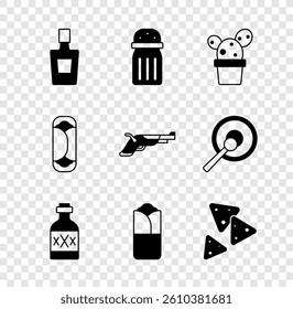 Set Tequila bottle, Salt, Cactus or succulent in pot, Burrito, Nachos,  and Vintage pistols icon. Vector