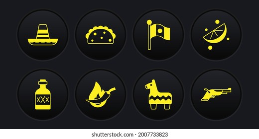 Set Tequila bottle, Sliced lime, Hot chili pepper pod, Pinata, Mexico flag, Taco with tortilla, Vintage pistols and Mexican sombrero icon. Vector