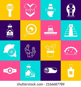 Set Tequila bottle, Taco with tortilla, Chichen Itza in Mayan, Mexican man sombrero, Gong, Maracas and  icon. Vector