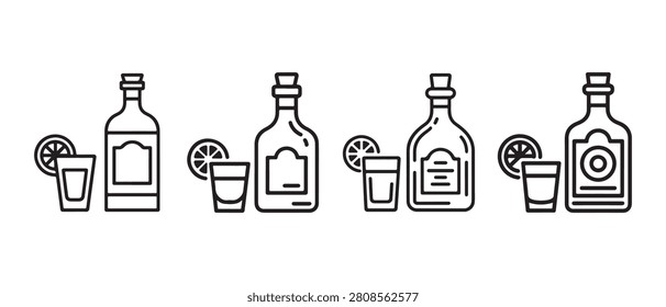 Set of Tequila Bottles and Shot Glasses with Lime Slices in a Minimalist Linear Vector Style.