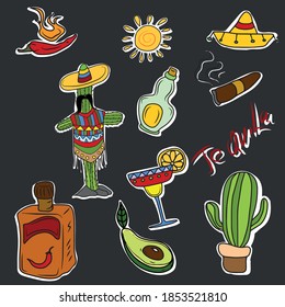 Set of tequila cactus cigar pepper sharp, vector children's illustration on  isolated background. For banners, postcards and stickers,