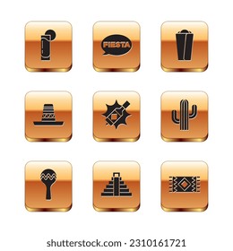 Set Tequila glass with lemon, Maracas, Chichen Itza in Mayan, Tabasco sauce, Mexican sombrero, Burrito, carpet and Fiesta icon. Vector
