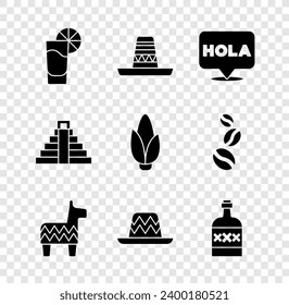 Set Tequila glass with lemon, Mexican sombrero, Hola, Pinata, bottle, Chichen Itza Mayan and Corn icon. Vector