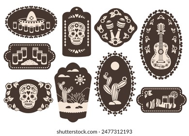 Set of Tequila sticker. Vertical oval Vintage labels with Mexican national elements. Tequila shots. Maracas, guitar, skull, glasses, cactus, hat. Vector illustration for restaurant, menu, bar