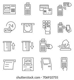 Set of terminal Related Vector Line Icons. Contains such Icons as banking machine, check, cash, electronic payment, Bank, credit card, mobile payment, ATM and more.