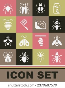 Set Termite, Bee, Ant, Beetle bug, Butterfly net, Larva insect, Spider and Snail icon. Vector