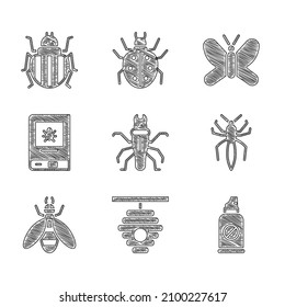 Set Termite, Hive for bees, Spray against insects, Spider, Bee, Book about, Butterfly and Colorado beetle icon. Vector