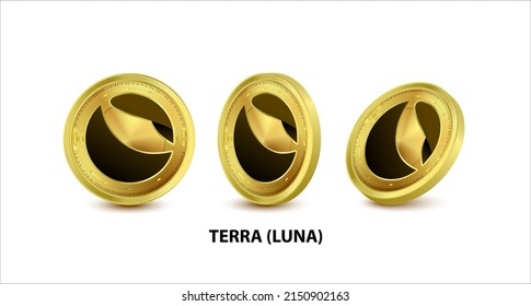 Set of Terra (LUNA) Vector illustration. Digital currency. Cryptocurrency. Golden coins with bitcoin, ripple and ethereum symbol isolated on white background. 3D isometric Physical coins.