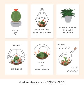 A Set of Terrarium Plants Cards. Tropical Plants in Vector. Inspirational Cards with Plants. Succulents and Cactus for Gift Tags, Labels, wedding Invitation,poster, greeting cards.