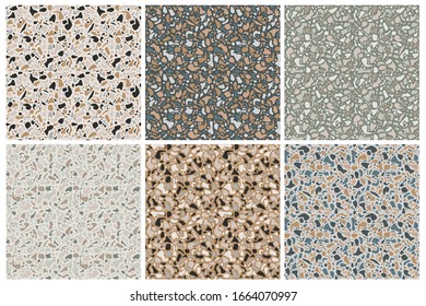 Set of terrazzo background textures. Vector seamless patterns. Natural stone, glass, quartz, concrete, marble. Classic italian type of floor. Terrazzo design elements.