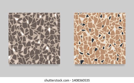 Set of terrazzo flooring beige seamless pattern. Abstract background. Marble texture. Tiles illustration. Modern surface. Natural stone - Vector.