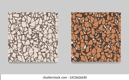 Set of terrazzo flooring beige seamless pattern. Abstract background. Marble texture. Tiles illustration. Modern surface. Natural stone - Vector.