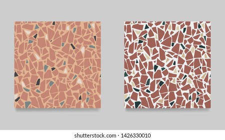 Set of terrazzo flooring beige seamless pattern. Abstract background. Marble texture. Tiles illustration. Modern surface. Natural stone - Vector.