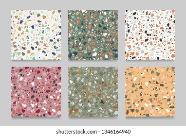 Set of terrazzo flooring seamless pattern. Marble multicolor texture. Modern surface. Tiles illustration - Vector.