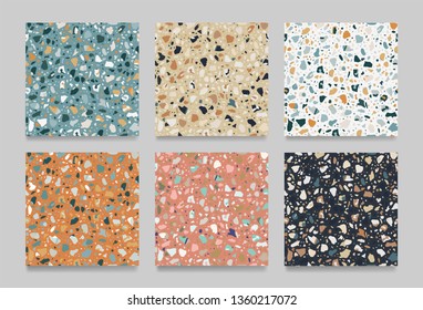 Set of terrazzo flooring seamless pattern. Marble colorful texture. Modern surface. Tiles illustration - Vector