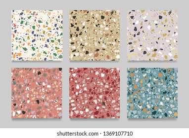 Set of terrazzo flooring seamless pattern. Marble multicolor texture. Modern surface. Tiles illustration - Vector