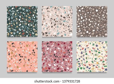 Set of terrazzo flooring seamless pattern. Marble multicolor texture. Modern surface. Tiles illustration - Vector