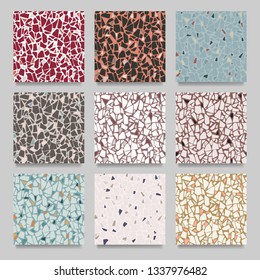 Set of terrazzo flooring vector seamless pattern. Marble texture. Modern surface. Tiles illustration