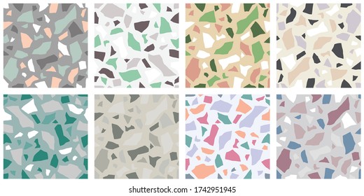 Set of terrazzo flooring vector seamless pattern. Texture of classic italian type of floor in venetian style composed of natural stone, granite, quartz, marble, glass and concrete