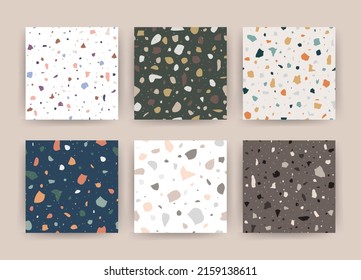 Set of terrazzo patterns with colorful stone. Seamless backgrounds in venetian style. Marble floor texture. Modern vector illustration.