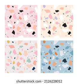 Set of terrazzo patterns. Seamless repeat vector illustration. Pastel pink, blue, yellow abstract background.